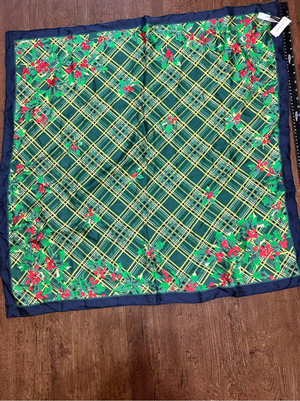Talbots 100% Silk Scarf NWT 33” Green Plaid Holly Berry Christmas Holiday